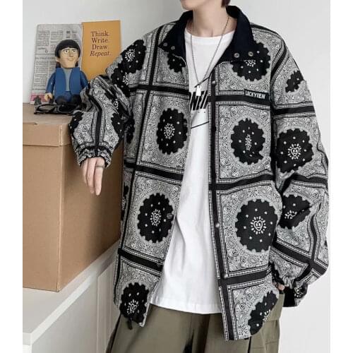 2 Side Wearable Autumn Coat Men Bandana Cotton Jacket Male Paisley Stand Collar Long Sleeve Mens Clothing 2021 Streetwear