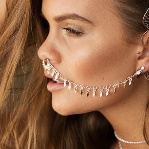 Nose Ring Chain, Hanging Disc Hoop-Ear Chain Nose Ring Tribal Jewelry-Celebrity Indian Jewelry
