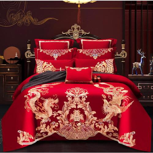 Gold Dragon Phoenix Embroidery Cotton Bedding Set Luxury Solid Color Chinese Wedding Princess Duvet Cover Bed Sheet Pillowcases