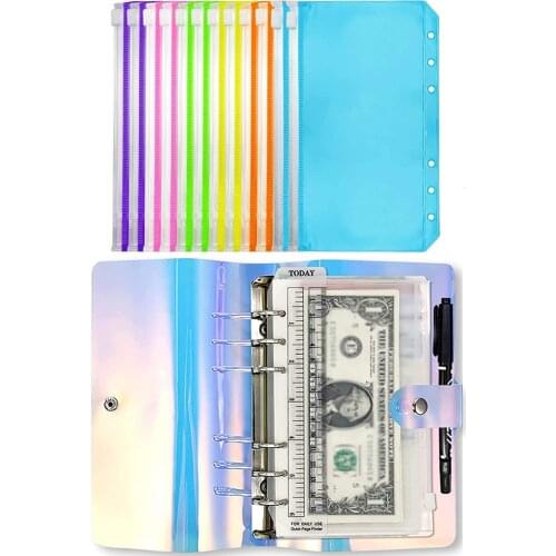 12 Pieces PVC Colorful A6 Budget Binder Envelopes 6 Holes Zipper Pouch 6 Ring Loose Leaf Bags Cash Envelopes for Budgeting