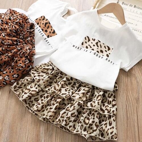 Summer Girls Clothes Set 2019 Fashion Leopard Cake Skirt 2 Pieces Sets Kids Basic T shirt Casual Girls Clothing Suit RT448