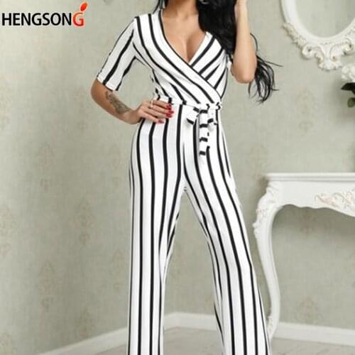 2020 Fashion Streetwear Spring Summer Jumpsuit Womens Sexy Deep V Neck Black And White Striped Jumpsuit Women Rompers