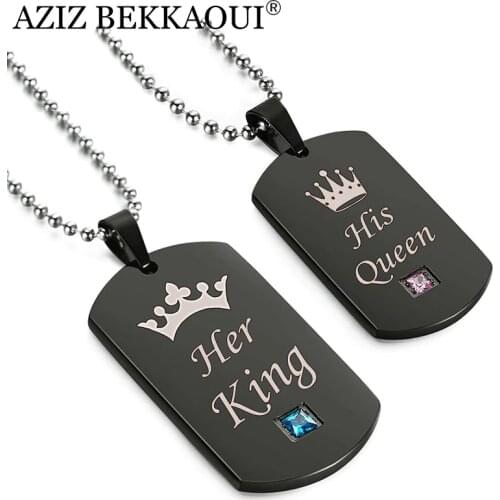 AZIZ BEKKAOUI Black Stainless Steel Couple Necklaces Her King & His Queen Crown Tag Pendant Necklace with Stone Dropshipping