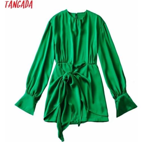 Tangada 2021 Autumn Fashion Women Red Satin Short Dress with Bow Long Sleeve Office Ladies Mini Dress 3H171