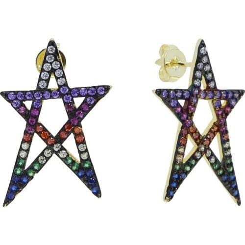 Drop Shipping Hollow Star Multi Colorful Cubic Zirconia Gold Color Star of David Colorful CZ Paved Earrings For Girl Women