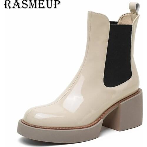 RASMEUP Genuine Leather Women Ankle Boots 2021 Fashion Autumn Winter Woman Platforms Shoes Ladies Elastic Loose Footwear