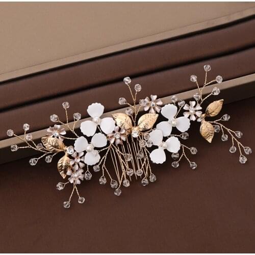 Trendy Gold Flower Leaf Crystal Wedding Hair Comb tiara Bridal Hair Accessories Women Wedding Hair Jewelry Headpiece Handmade