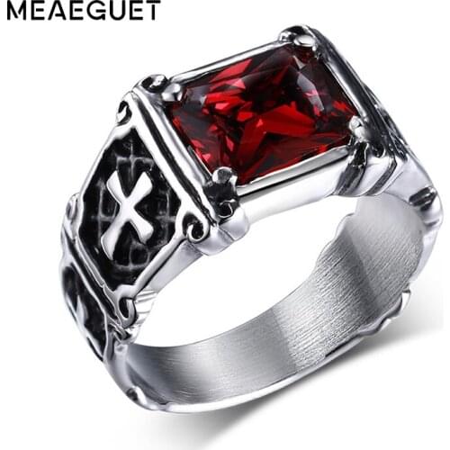 Vintage Red Crystal Stone Knight Ring Jewelry For Men Stainless Steel Cross Pattern Middle Ages Style Anel Cruz Dropshipping