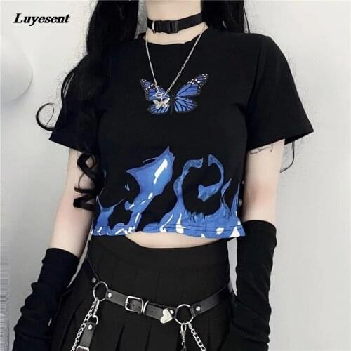 Black Gothic Women Blue Fire Butterfly Printed T Shirt 2021 Lady Hipster O Neck Short Length Slim Cool Streetwear Harajuku Top