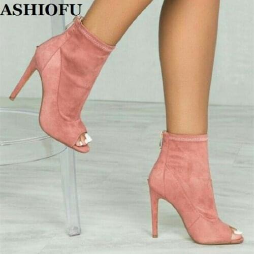 ASHIOFU Handmade Ladies Thin-heel Boots Peep-toe Office Party Autumn Booties Retro-style Sexy Club Evening Fashion Ankle Boots