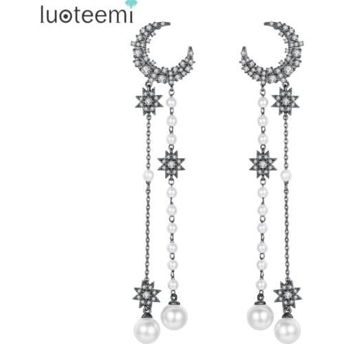 LUOTEEMI Star Moon Long Drop Earrings for Women Wedding Party Imitation Pearl Shiny CZ Two Colors Aretes De Mujer Christmas Gift