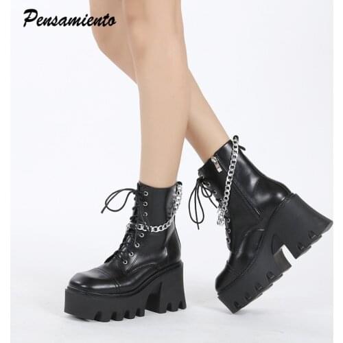 2021 Fashion chains Patent leather Women Boots Platform wedges Punk Chunky Shoes Autumn Winter High heels Ankle boots Shoes