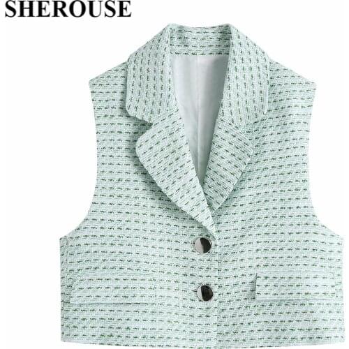 2021 New Summer Women Textured Vest Buttoned V-Neck Cropped Outwear Vest Chic Lady Fashion Casual Women Clothes