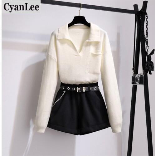 Women autumn winter long sleeve knitted sweater top and black shorts set korean office ladies two pieces set women clothes