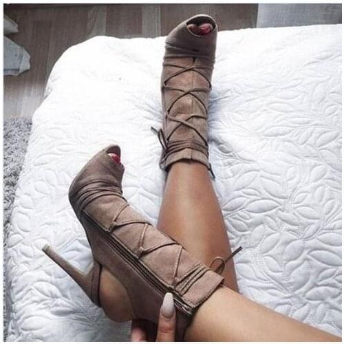 2017 Spring women sexy high heel pumps peep toe cross-tied super high thin heels zipper women shoes slingbacks shoes khaki