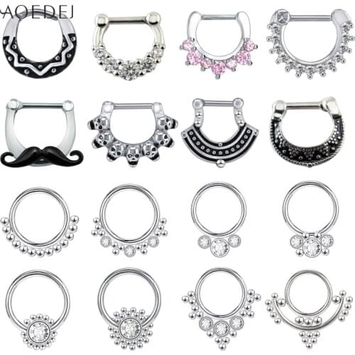 AOEDEJ 16g Stainless Steel Crystal Nose Septum Rings for Women Men Round Mustache Septum Nose Clicker Hoop Conch Helix Piercing