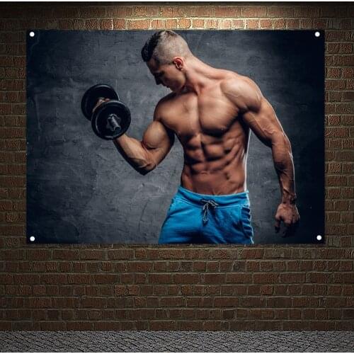 Shirtless Athletic Male Doing Biceps Workouts Poster Wall Art Exercising With Dumbbell Banner Flag Painting Tapestry Gym Decor