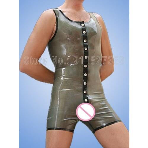 100% Latex Bodysuit Rubber Sleeveless Jumpsuit for men Transparent Army Green with Black Trim Catsuit w Button
