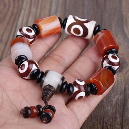 Big tube & round beige brown black onyx precious stone beads beaded tibetan buddhism beads energy bracelet for man