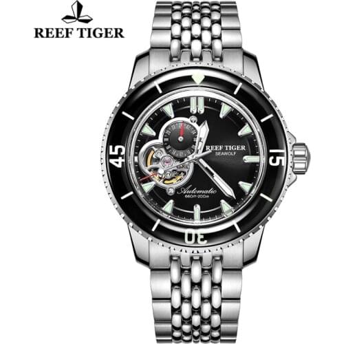Reef Tiger/RT Luxury Dive Watch For Men Automatic Steel Bracelet Watches Luminous Watch Sapphire Waterproof Relogio Masculino