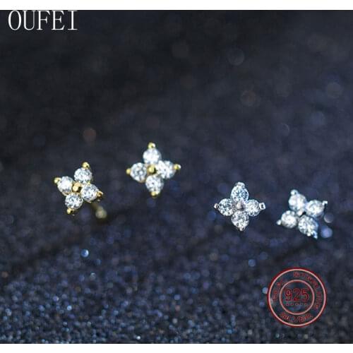 Four-Leaf Lucky Stud Earring 925 Sterling Silver Flower Crystal Zircon Small Earrings For Women Simple Student Girl Present