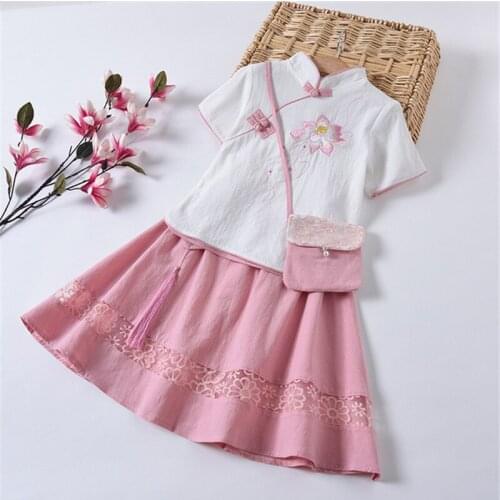Childrens cheongsam embroidered suit Girls' class uniform graduation dress printing cute pink dress chinese qipao kids