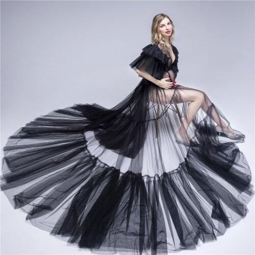 Fashion Black Long maternity Dresses For Photo Shoot Baby Shower Party Gowns Ruffles Pregnancy Robes Puffy Tulle Robe