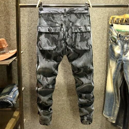 Winter Camouflage Casual Jeans Men Big Pockets Slim Elastic Cargo Pants High Street Military Army Denim Trousers Pencil Pants