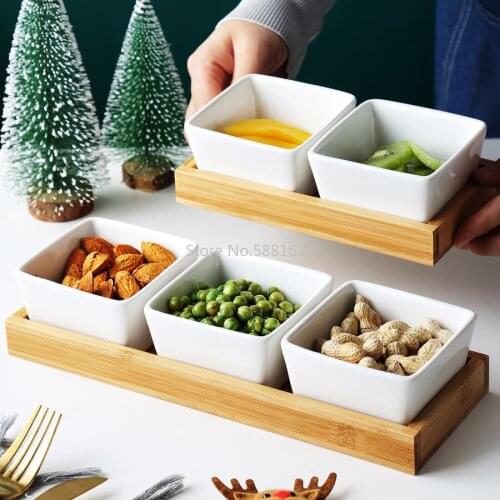 Ceramic Dessert Plate Square Shape Fruit Plate With Bamboo And Wood Tray Porcelain Cake Or Candy Plate