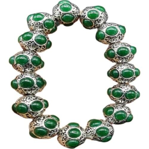China Old Tibetan Silver Inlaid Green Colour Jade Bead Hand String Bracelet