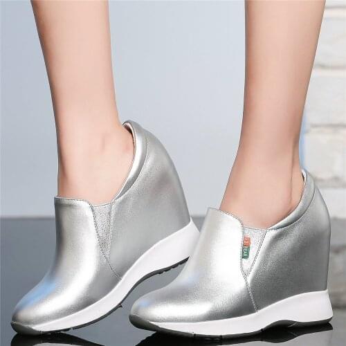 Fashion Sneakers Women Slip On Genuine Leather High Heel Ankle Boots Female Round Toe Wedges Platform Pumps Shoes Casual Shoes