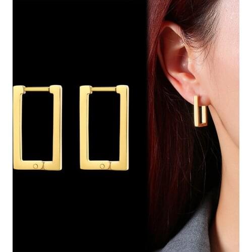 Minimalist Geometric Hoop Earrings for Women Jewelry, Gold Tone Stainless Steel Metal Square Ear Clip Lady Gifts Accessory