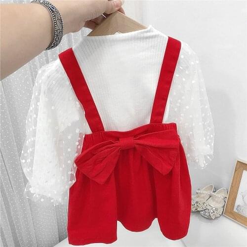 Fashion Girls Kids Princess Clothes Set Autumn Mesh Long Sleeve Children Baby T-shirt Tops+Bow Overall Dress 2pcs Suit ADK400