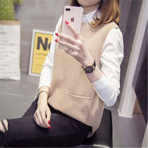 Fashion Patchwork V-Neck Womens Knitted Vest Preppy Style Loose Plus Size Veste Femme Sweater Pullover Korean Sleeveless Vests