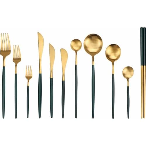 Matte Dinnerware Set 1Pc Green Gold Tableware Set Stainless Steel Cutlery Set Fork Knive Spoon Kitchen Chopsticks Flatware