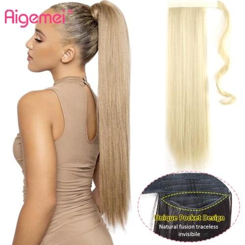 Aigemei 24Inches Long Straight Wrap Around Clip In Ponytail Synthetic Hair For Women Wavy Hair False Hair Ponytail Hairpiece