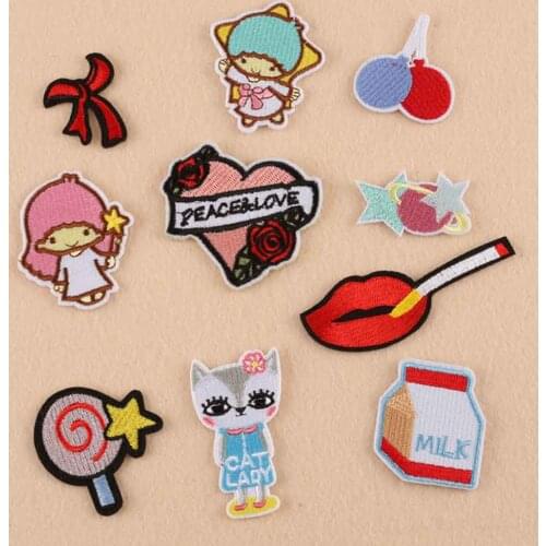 Lip Cat Candy Heart Iron On Embroidered Clothes Patches For Clothing Stickers Garment Wholesale