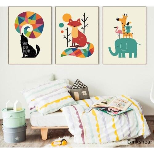 Nordic Art Cartoon Animal Poster Elephant Giraffe Tiger Minimalist Canvas Painting Nursery Picture Children Room Decoration