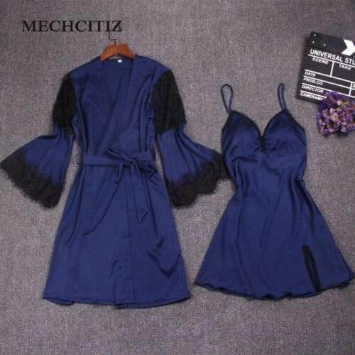 MECHCITIZ 2019 Top New Women Silk Robes Gown Set Summer Female Lace Sexy Sleepwear Bathrobes Spring Summer Pajamas Homewear Robe