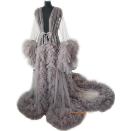 Real Image Luxury Maternity Gown Long Sleeve Ruffles Wedding Sleepwear Bathrobes Nightgowns Robes Women Dress Kimono