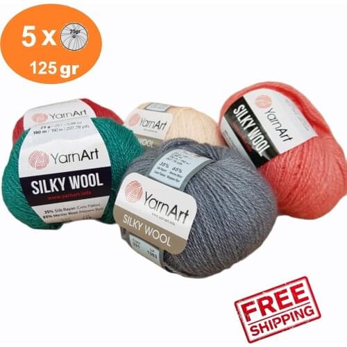 Yarnart Silky Wool Yarn 5x25gr-190mt %35 Silk Rayon - %65 Merino Wool Knitting Crochet Wrap Beanie Sweater Kids Adults Knitwears