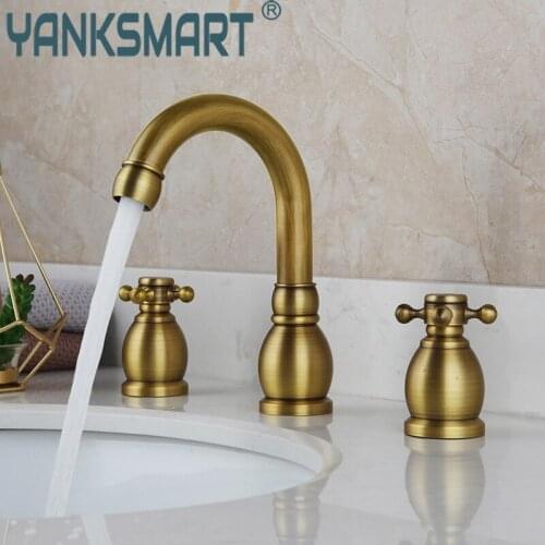 Style Basin Faucet Antique Brass 3 Hole Bathroom Faucets Set Deck Mounted Cold And Hot Water Vintage Sink Mixer Tap