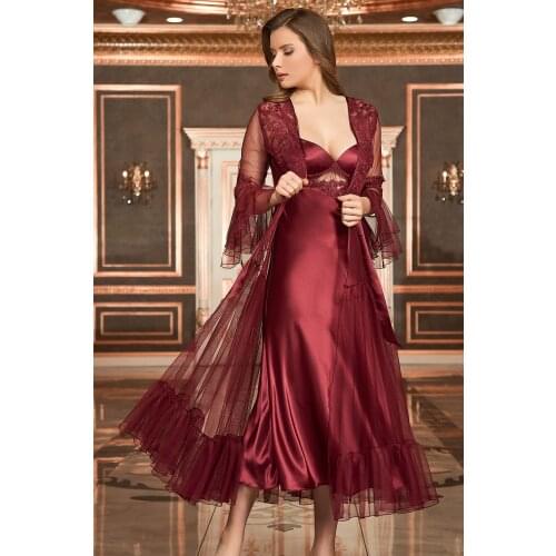 YENİ SEZON 2021 6 Parça Dantel Detaylı Saten Gecelik Bordo Çeyiz Seti