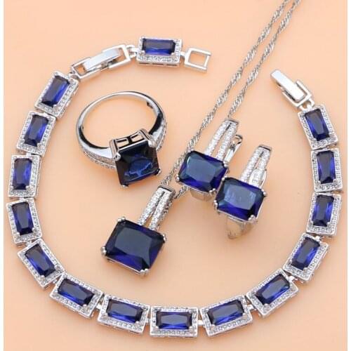 925 Silver Party Jewelry Blue Zircon White CZ Jewelry Sets For Women Earrings/Pendant/Necklace/Rings/Bracelet
