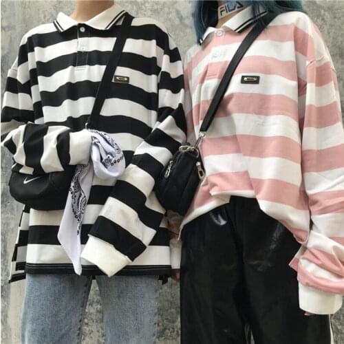 Harajuku High Street Matching Striped Long-Sleeved T-Shirt Female Couple Clothes Punk Kpop Top Tee Gothic Woman Grunge Shirt Y2k