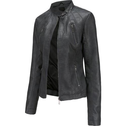 Womens Fashion Clothing New Womens Slim Leather Jacket Stand-up Collar Zipper Stitching Solid Color Jacket Женское Платье#F3