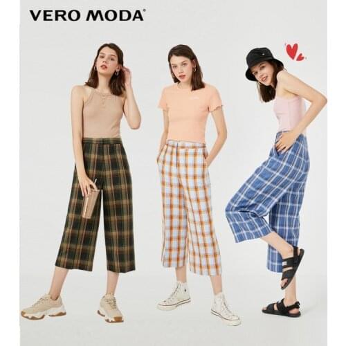 Vero Moda Women Vintage Plaid Straight 49.9% Linen Suit Capris Pants | 32036J503
