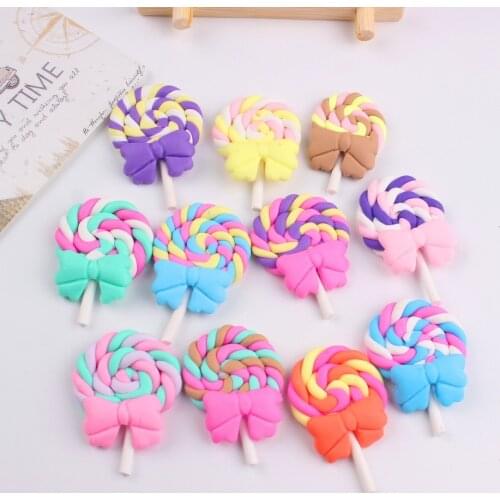 10pcs/lot polymer clay lollipop with bow mix colors DIY resin cabochons accessories