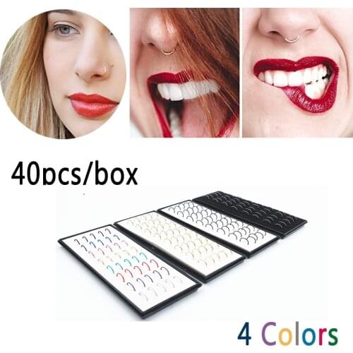 40pcs/box) Fashion Body Jewelry 9*0.6mm Colorful Stainless Steel Nose Hoop Nose Ring Stud Punk Style Nose Body Piercing Jewelry
