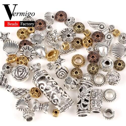 50pcs Tibetan Antique Silver Gold Metal Beads Heart Star Round Rondelle Spacer Beads For Jewelry Making DIY Charm Bracelets
